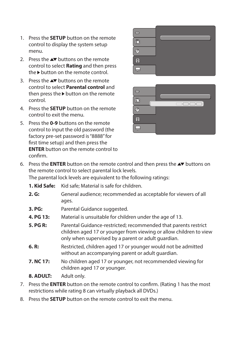 Rating, Parental control | Curtis DVD2070SUK User Manual | Page 13 / 15