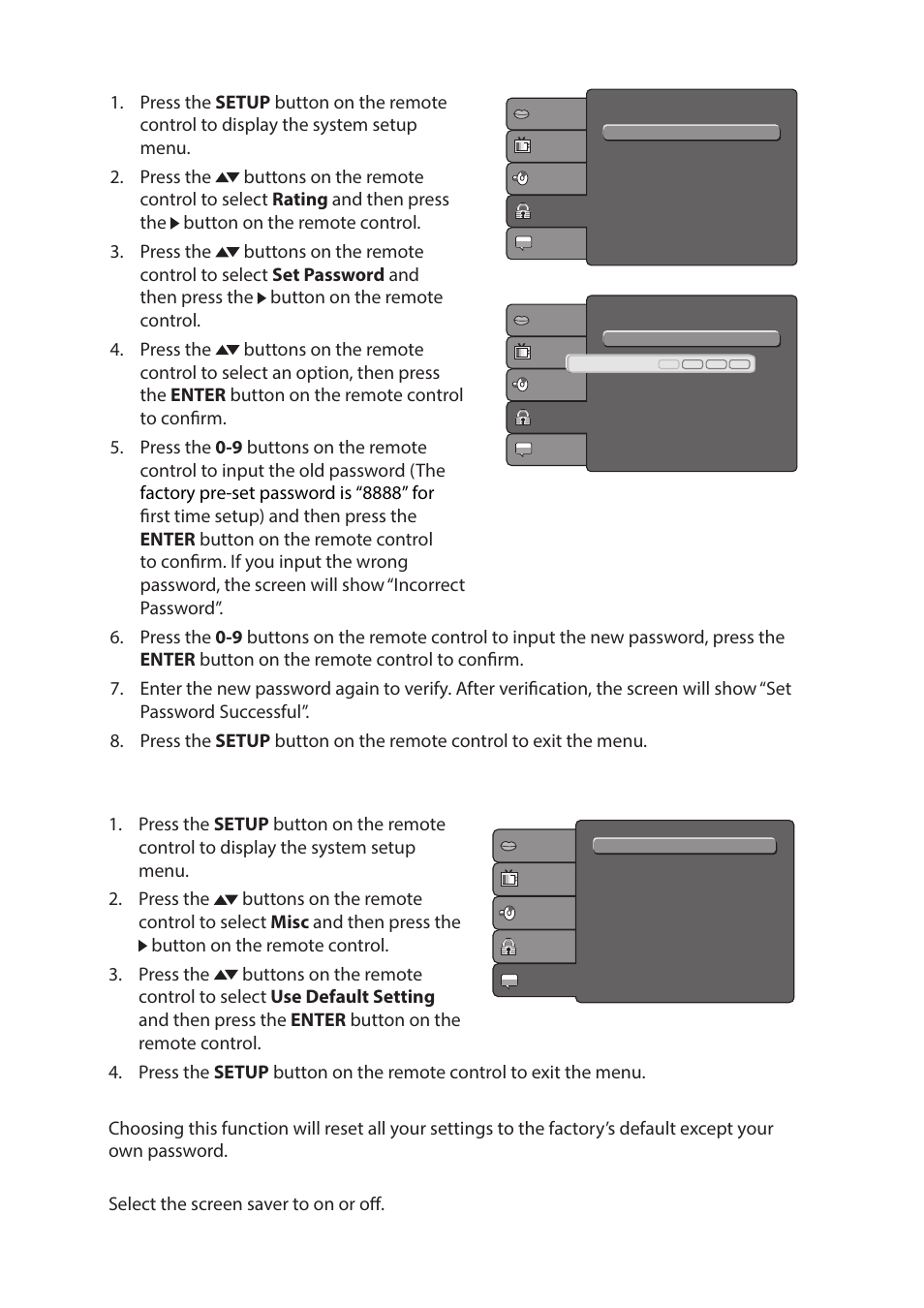 Misc (miscellaneous setting), Set password, Use default settings screen saver | Curtis DVD2070SUK User Manual | Page 14 / 15
