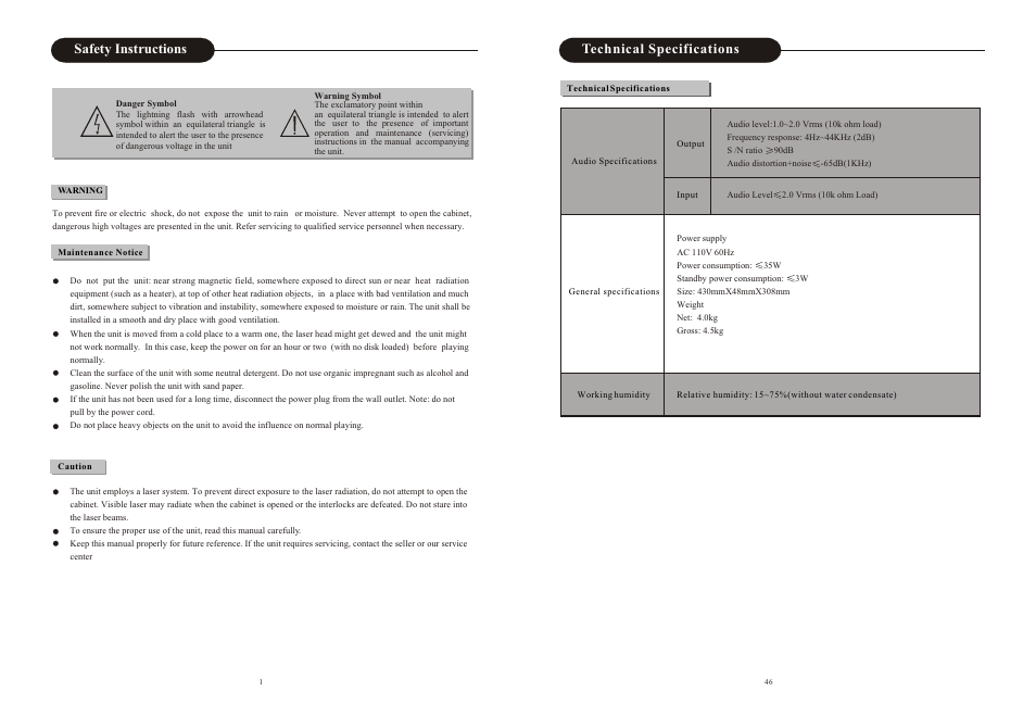 Ò³ãæ 2, Technical specifications, Safety instructions | Curtis DVD2100 User Manual | Page 2 / 24