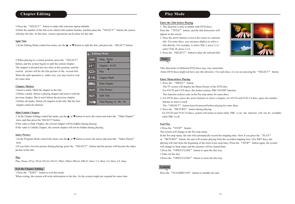 Ò³ãæ 22, Chapter editing, Play mode | Curtis DVD2100 User Manual | Page 22 / 24