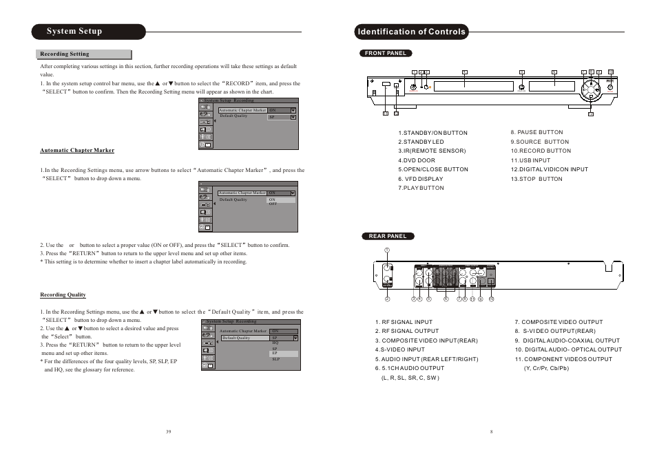 Ò³ãæ 9, S-video video in out, Dv input usb | System setup, Identification of controls | Curtis DVD2100 User Manual | Page 9 / 24