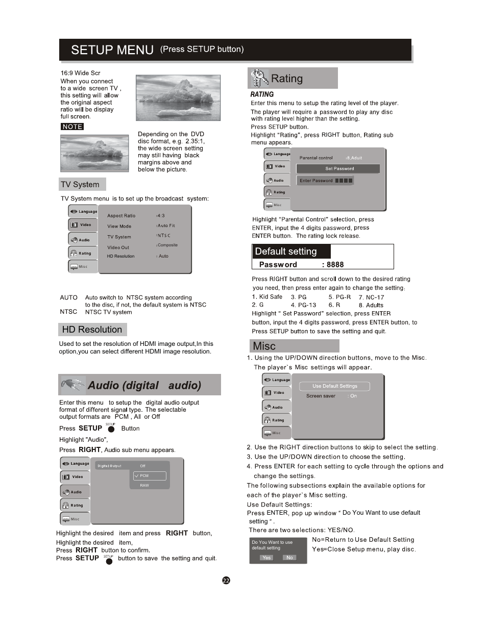 Hd resolution, Enter, Do you want to use default setting | Right | Curtis DVD6655 User Manual | Page 26 / 29