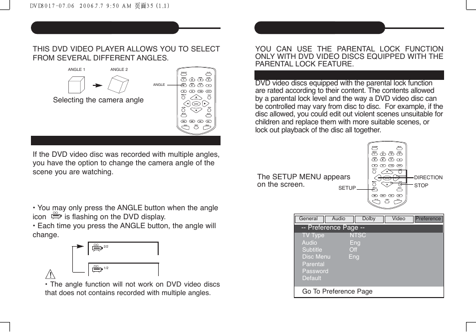Setting the parental lock, Selecting the camera angle | Curtis DVD8017 User Manual | Page 19 / 28