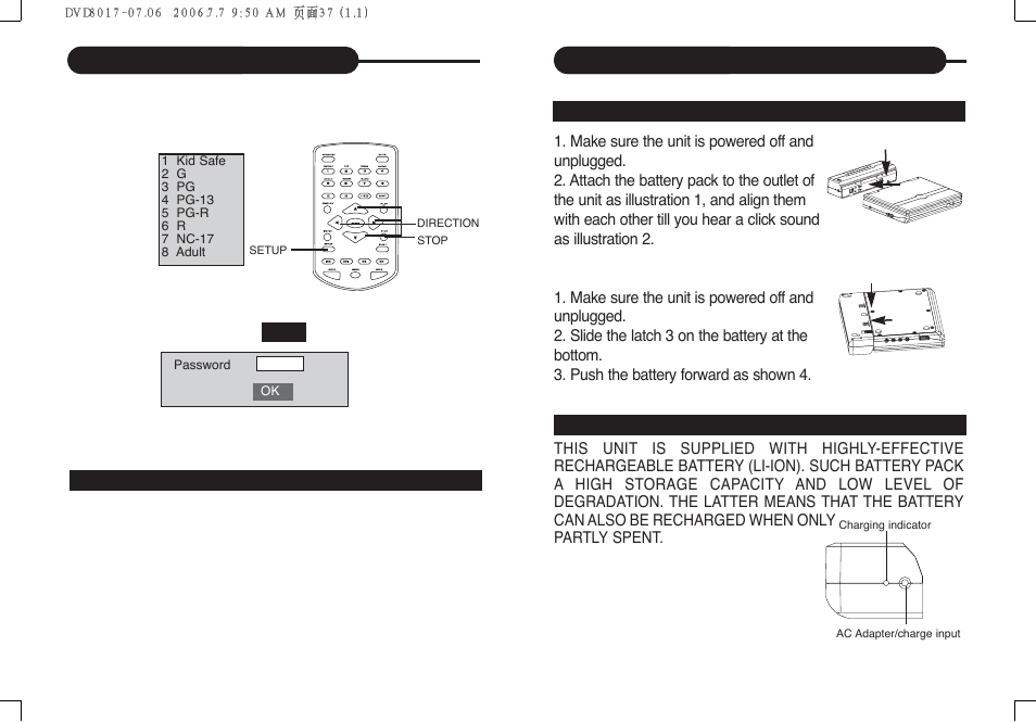 Rechargeable battery installation & use, Setting the parental lock | Curtis DVD8017 User Manual | Page 20 / 28