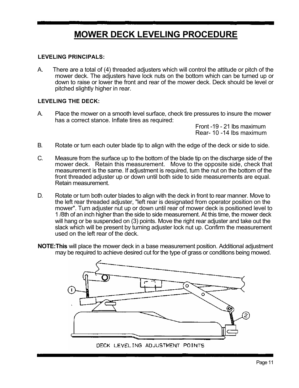 Mower deck leveling procedure | Dixon 560 User Manual | Page 14 / 42