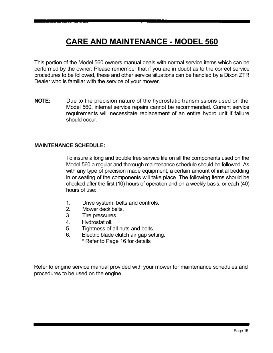 Care and maintenance - model 560 | Dixon 560 User Manual | Page 18 / 42