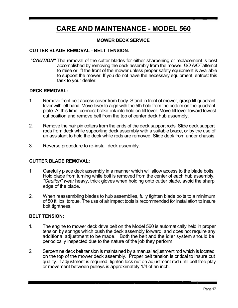 Care and maintenance - model 560 | Dixon 560 User Manual | Page 20 / 42