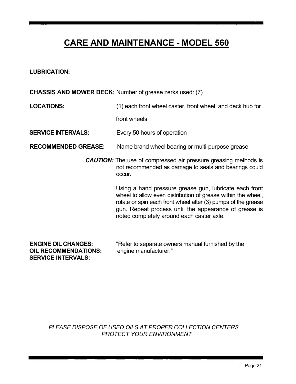 Care and maintenance - model 560 | Dixon 560 User Manual | Page 24 / 42