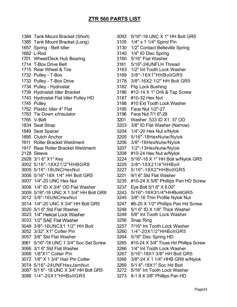 Ztr 560 parts list | Dixon 560 User Manual | Page 36 / 42