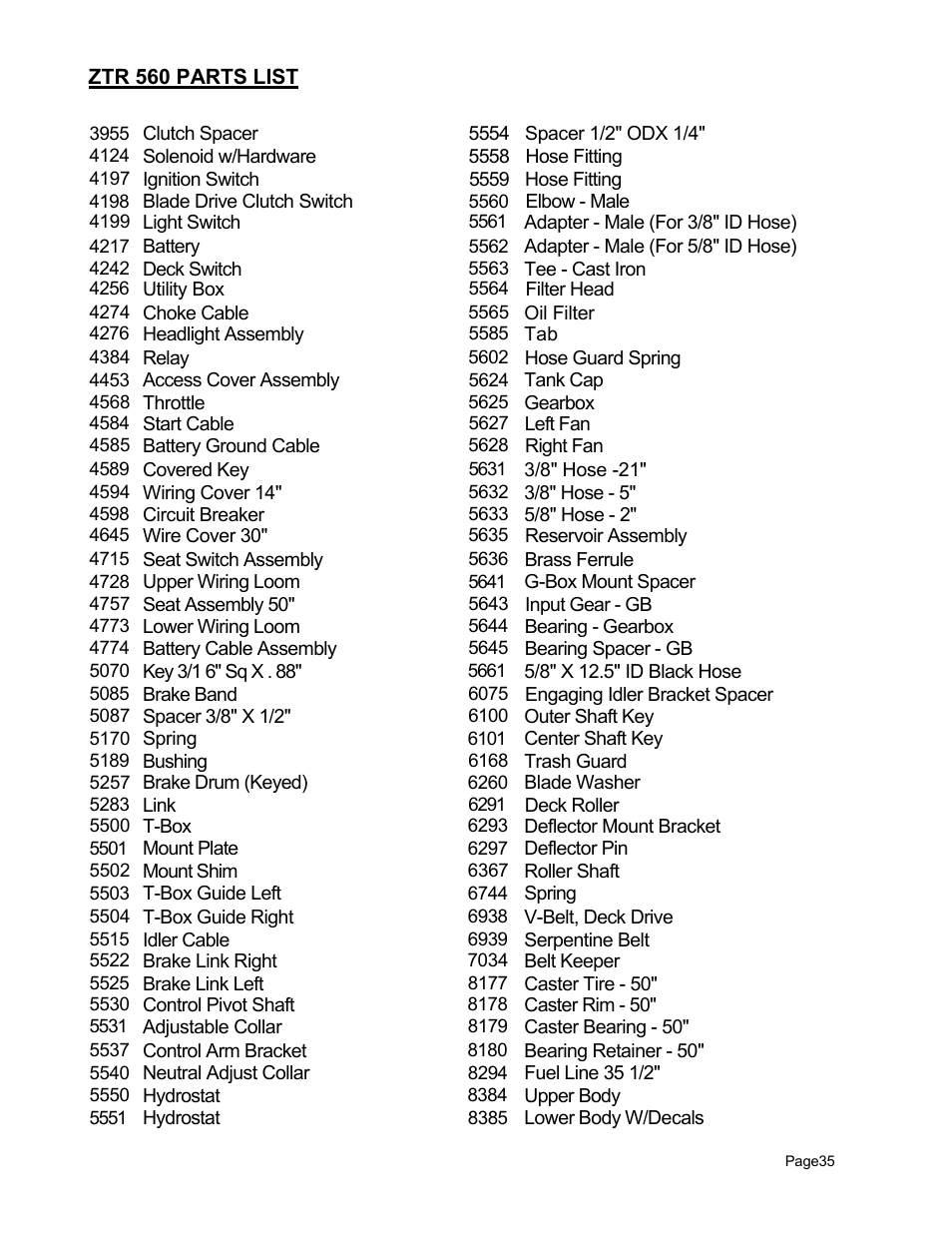 Ztr 560 parts list | Dixon 560 User Manual | Page 38 / 42
