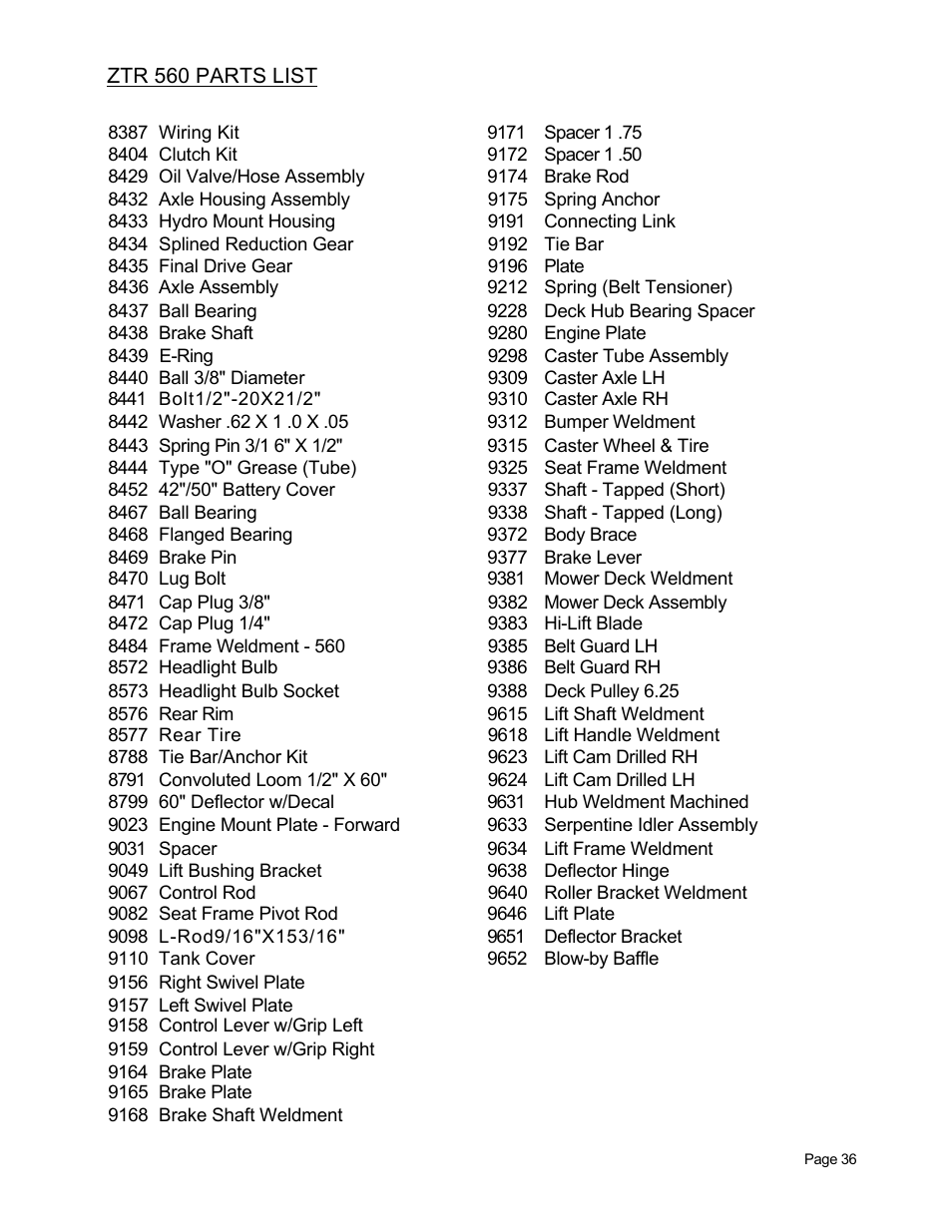 Ztr 560 parts list | Dixon 560 User Manual | Page 39 / 42