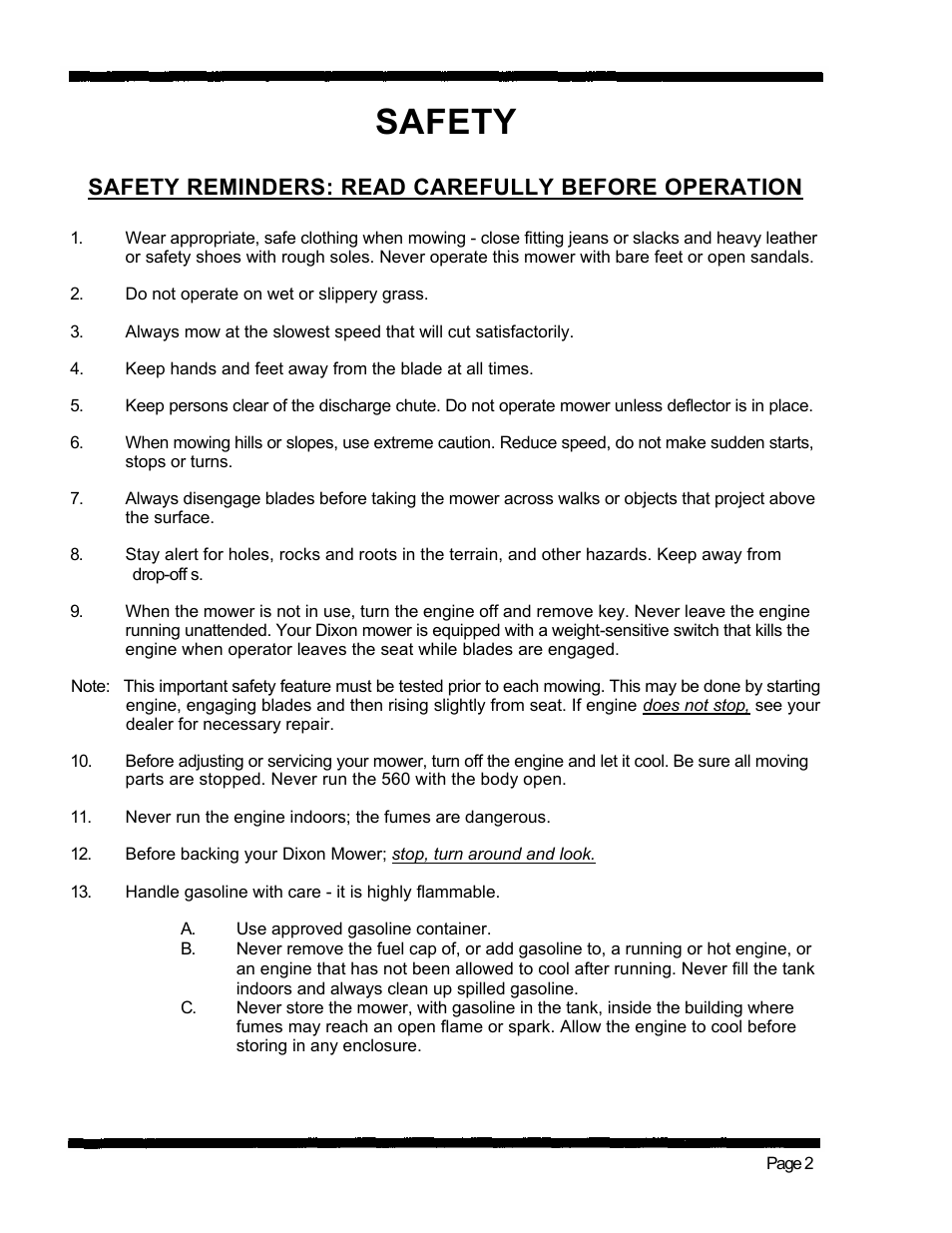Safety, Safety reminders: read carefully before operation | Dixon 560 User Manual | Page 5 / 42