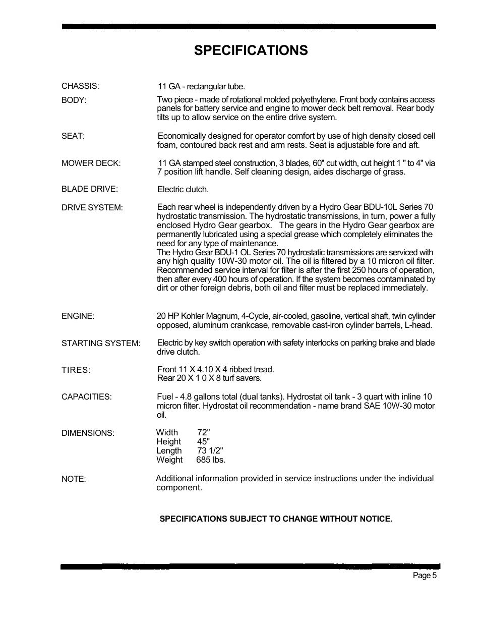 Specifications | Dixon 560 User Manual | Page 8 / 42