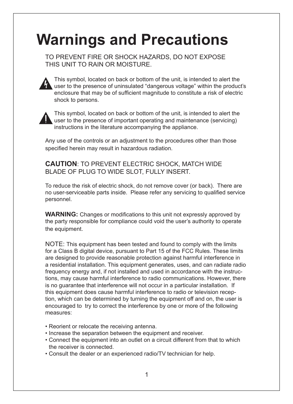 Warnings and precautions | Curtis KCR2620 User Manual | Page 2 / 9