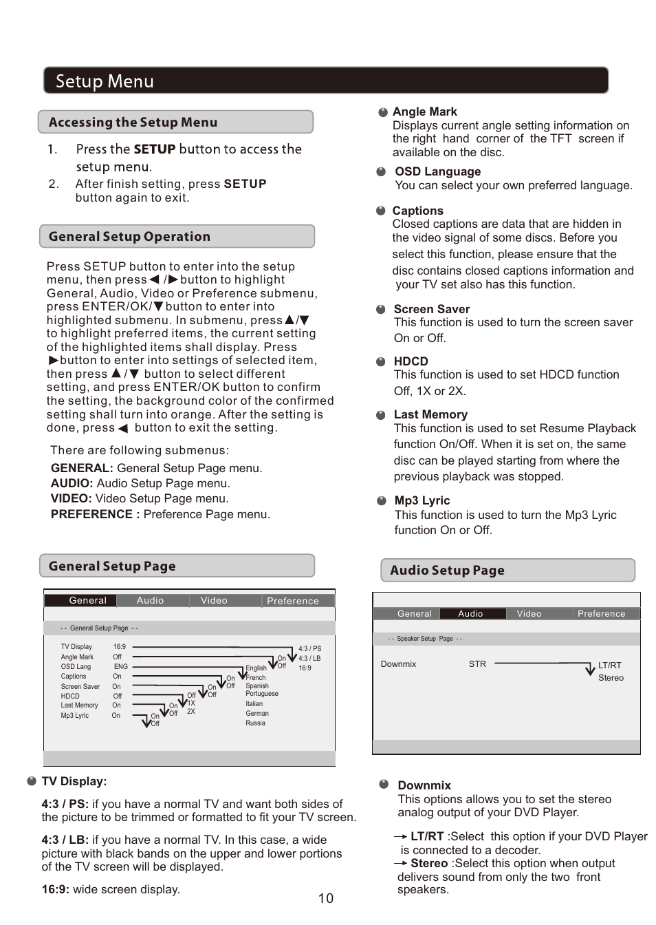 页 10, General setup operation, General setup page | Audio setup page, 10 accessing the setup menu | Curtis DVD1205BUK User Manual | Page 10 / 16