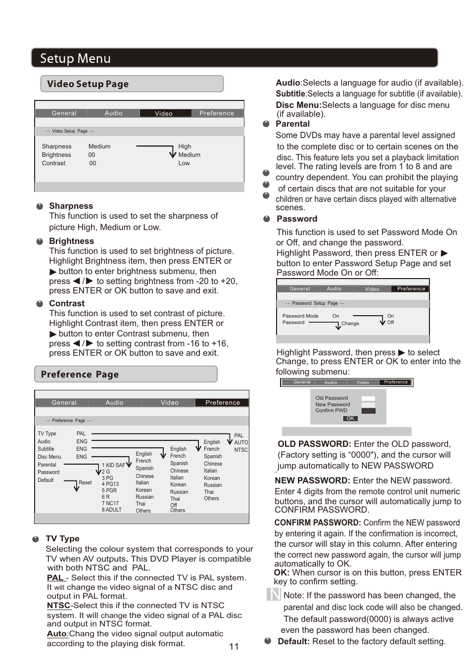 页 11, Video setup page, Preference page | Default: reset to the factory default setting | Curtis DVD1205BUK User Manual | Page 11 / 16