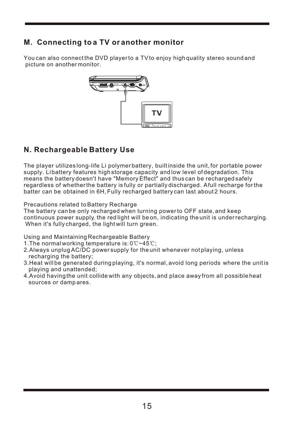 Ò³ãæ 17, M. connecting to a tv or another monitor, N. rechargeable battery use | Curtis DVD7015UK User Manual | Page 17 / 18