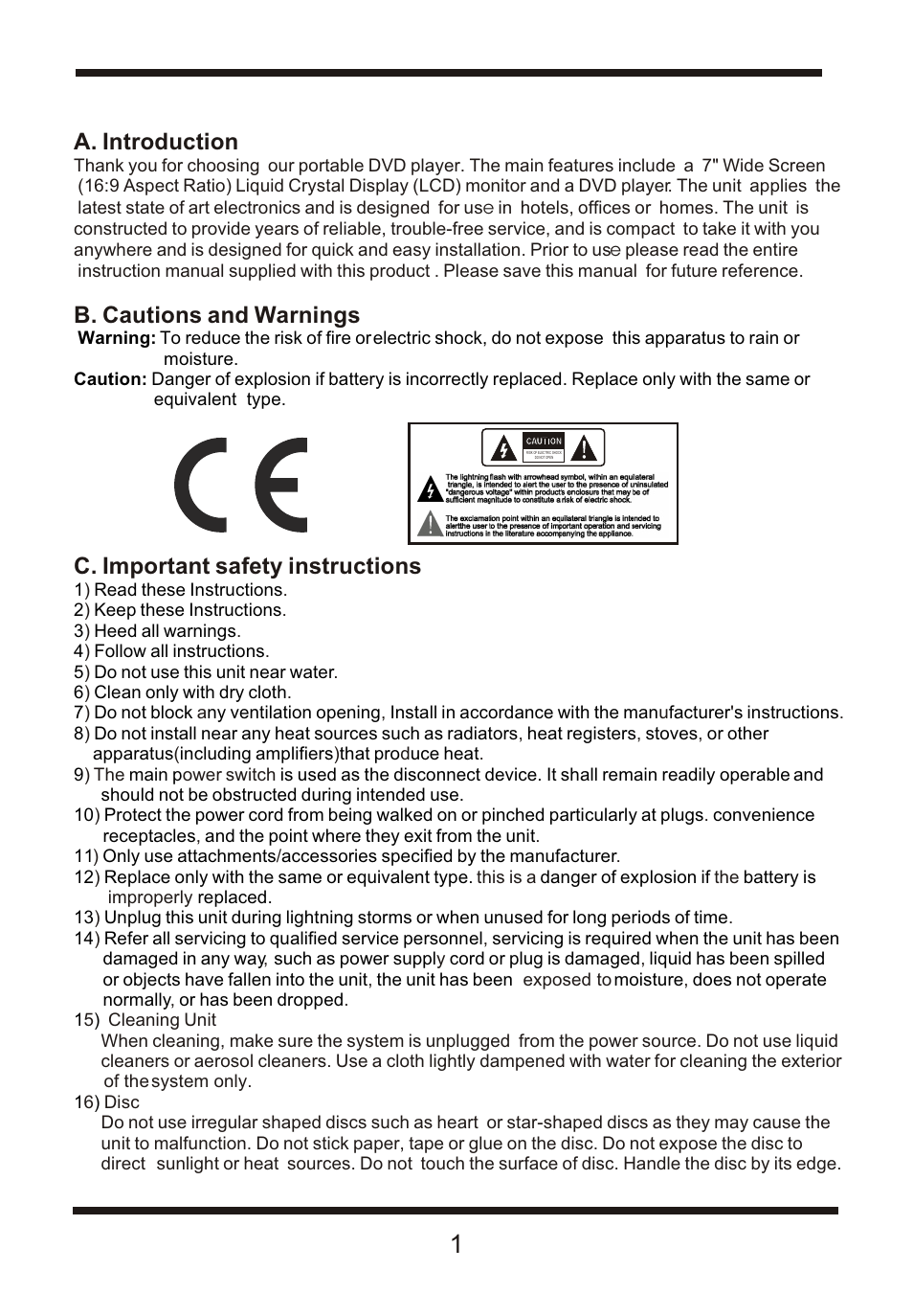 Ò³ãæ 3, A. introduction, B. cautions and warnings | C. important safety instructions | Curtis DVD7015UK User Manual | Page 3 / 18