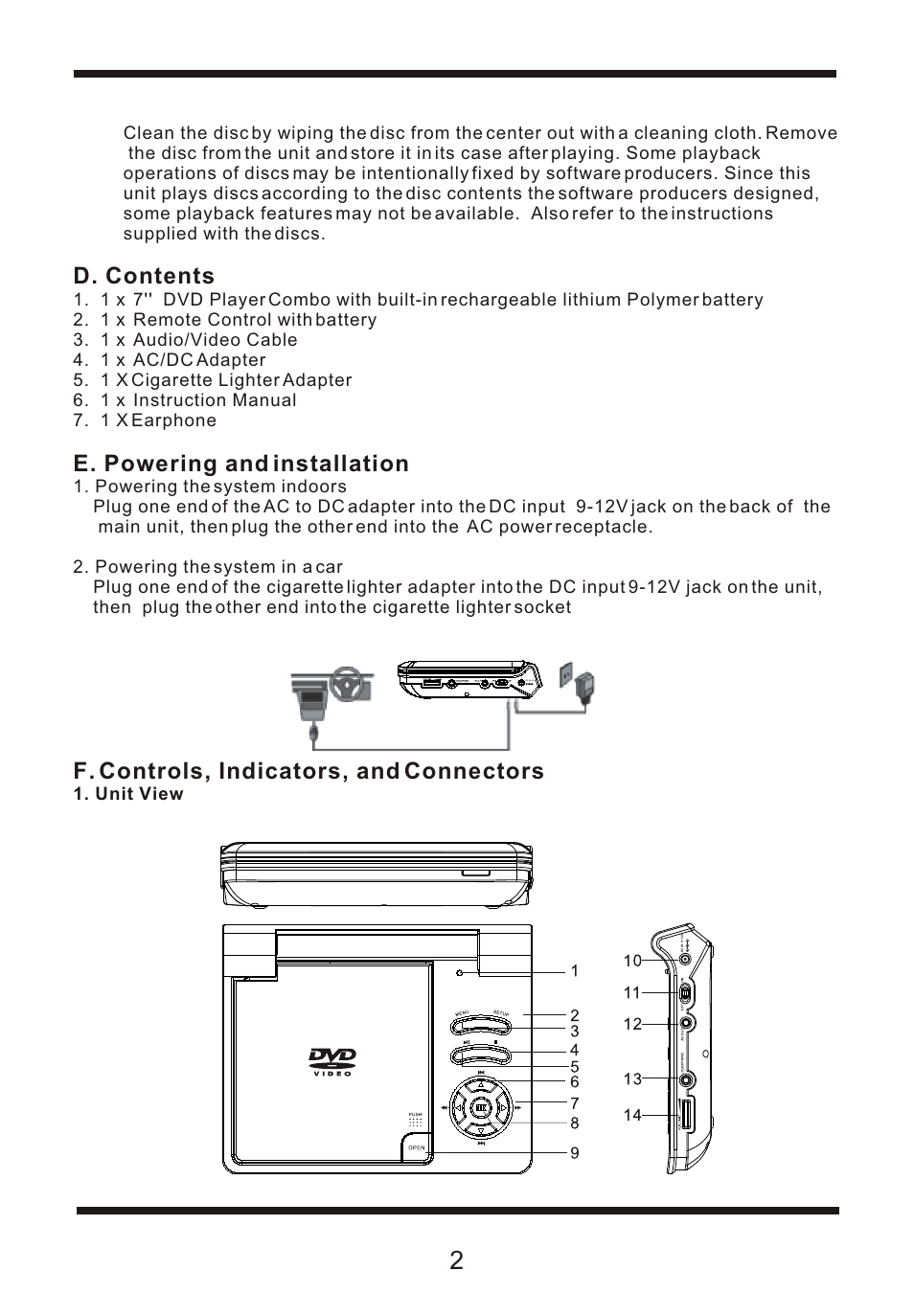 Ò³ãæ 4, D. contents, E. powering and installation | F. controls, indicators, and connectors, Unit view | Curtis DVD7015UK User Manual | Page 4 / 18