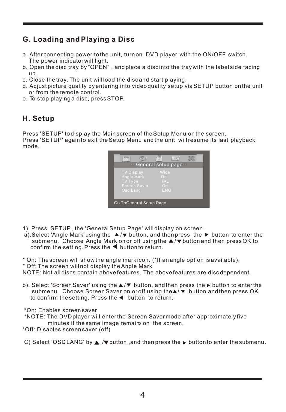 Ò³ãæ 6, G. loading and playing a disc, H. setup | Curtis DVD7015UK User Manual | Page 6 / 18