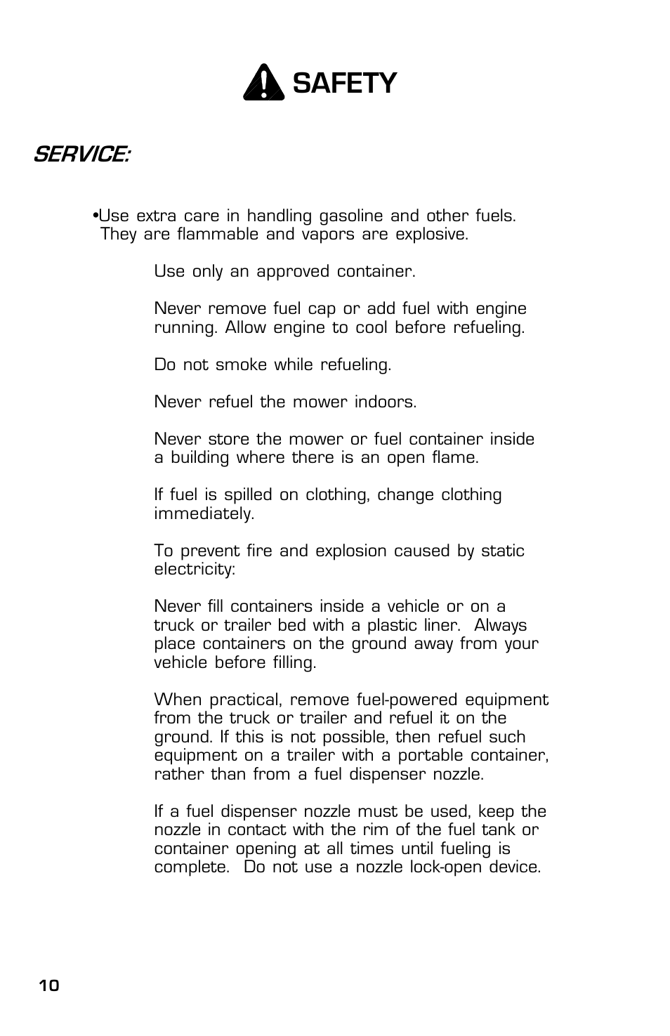 Safety, Service | Dixon 13632-0702 User Manual | Page 10 / 44