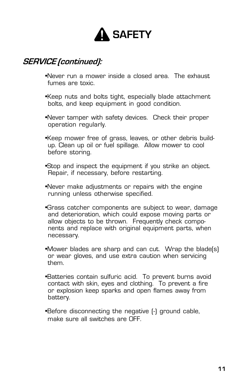 Safety, Service (continued) | Dixon 13632-0702 User Manual | Page 11 / 44