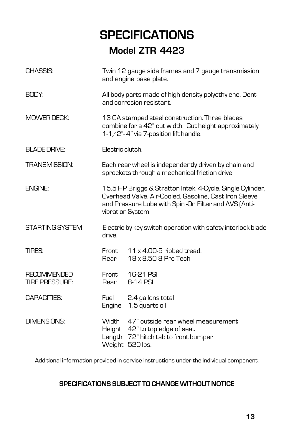 Specifications, Model ztr 4423 | Dixon 13632-0702 User Manual | Page 13 / 44
