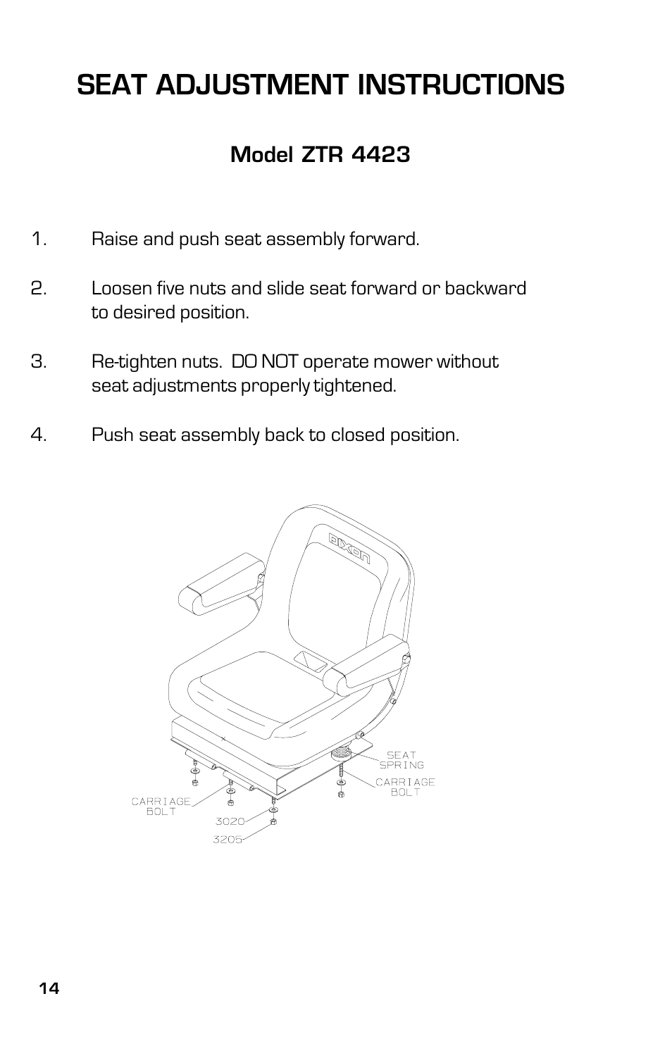 Seat adjustment instructions, Model ztr 4423 | Dixon 13632-0702 User Manual | Page 14 / 44