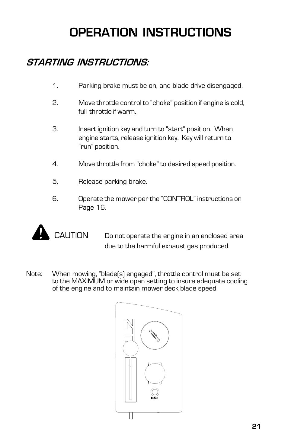 Operation instructions, Starting instructions | Dixon 13632-0702 User Manual | Page 21 / 44