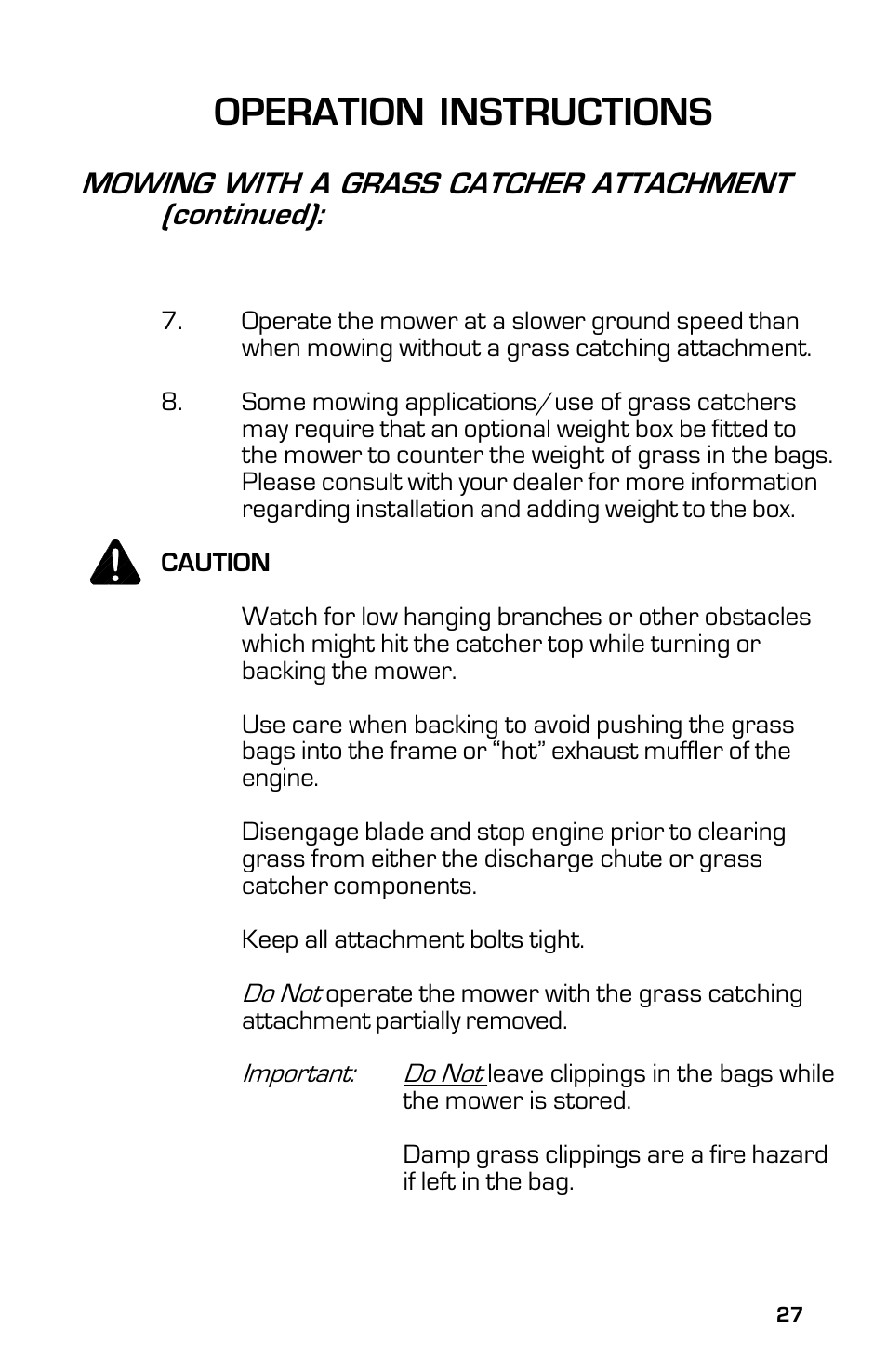 Operation instructions, Mowing with a grass catcher attachment (continued) | Dixon 13632-0702 User Manual | Page 27 / 44