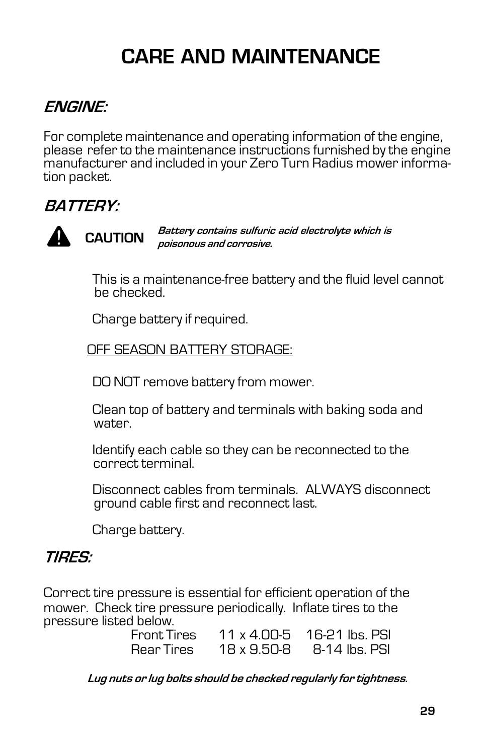 Care and maintenance, Engine, Battery | Tires | Dixon 13632-0702 User Manual | Page 29 / 44