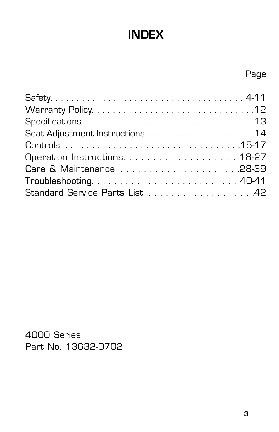 Index | Dixon 13632-0702 User Manual | Page 3 / 44