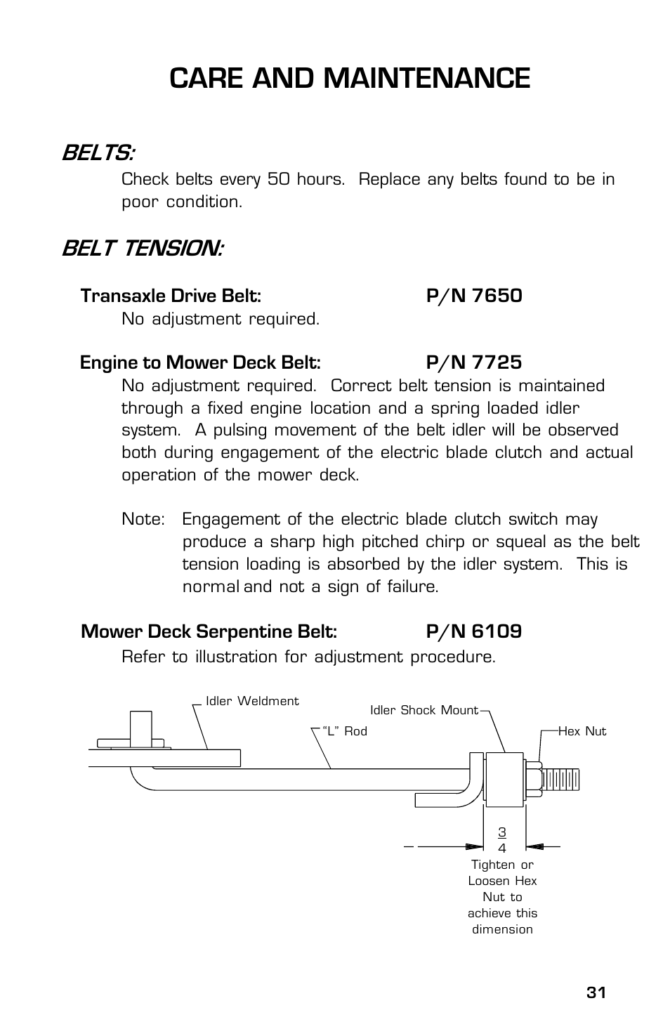 Care and maintenance, Belts, Belt tension | Dixon 13632-0702 User Manual | Page 31 / 44