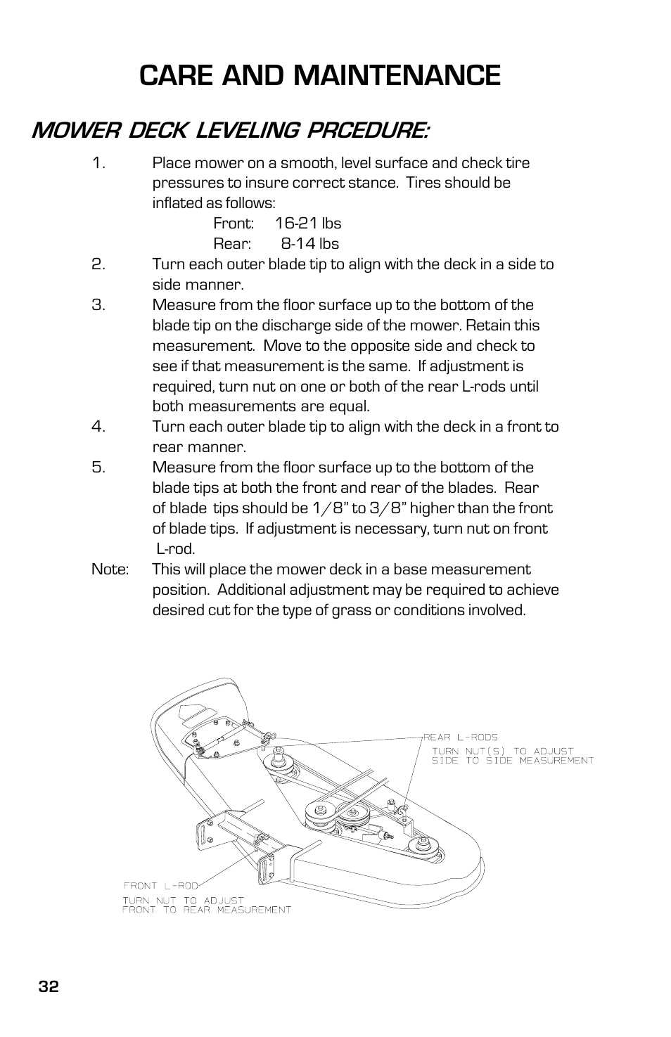 Care and maintenance, Mower deck leveling prcedure | Dixon 13632-0702 User Manual | Page 32 / 44