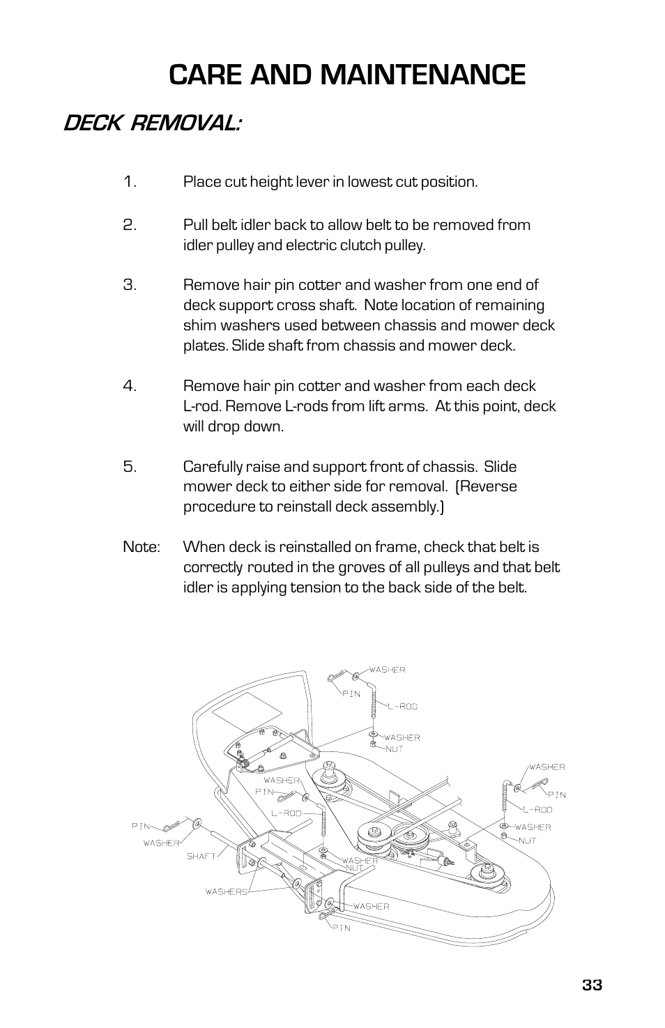 Care and maintenance, Deck removal | Dixon 13632-0702 User Manual | Page 33 / 44