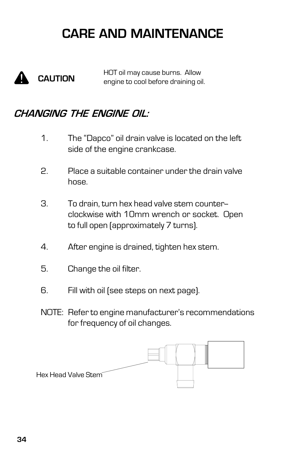 Care and maintenance, Changing the engine oil | Dixon 13632-0702 User Manual | Page 34 / 44