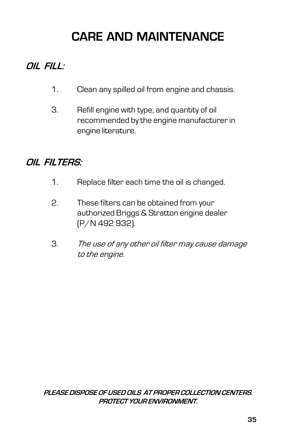 Care and maintenance, Oil fill, Oil filters | Dixon 13632-0702 User Manual | Page 35 / 44