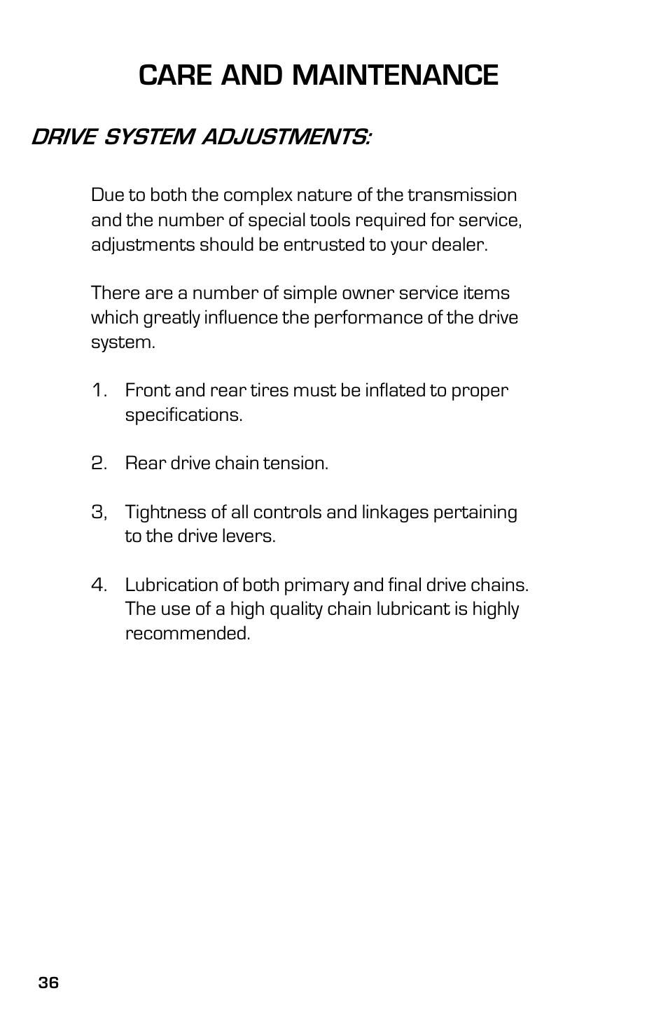 Care and maintenance, Drive system adjustments | Dixon 13632-0702 User Manual | Page 36 / 44