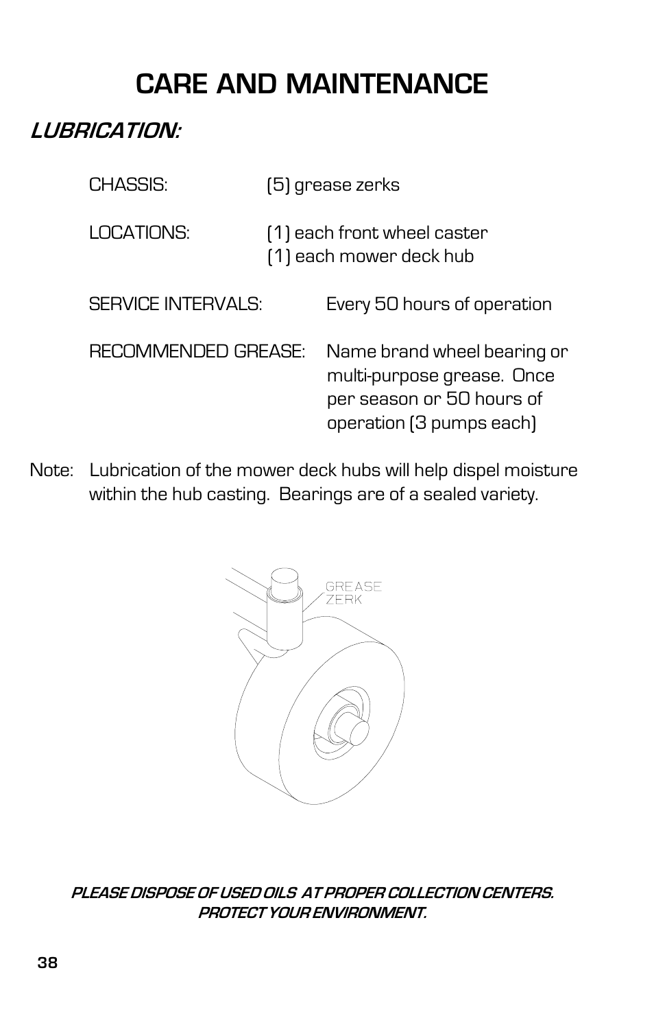 Care and maintenance, Lubrication | Dixon 13632-0702 User Manual | Page 38 / 44