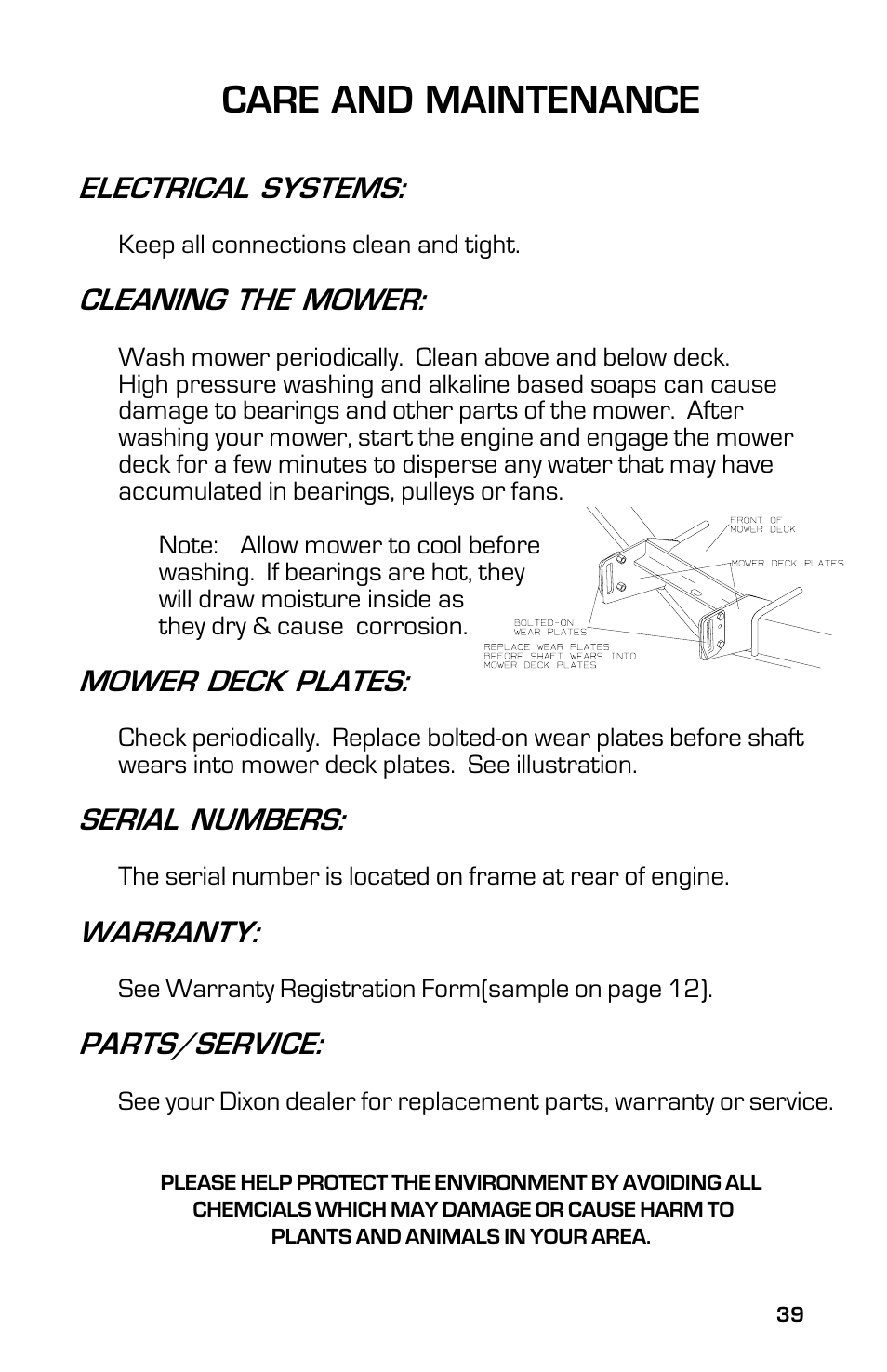 Care and maintenance, Electrical systems, Cleaning the mower | Mower deck plates, Serial numbers, Warranty, Parts/service | Dixon 13632-0702 User Manual | Page 39 / 44