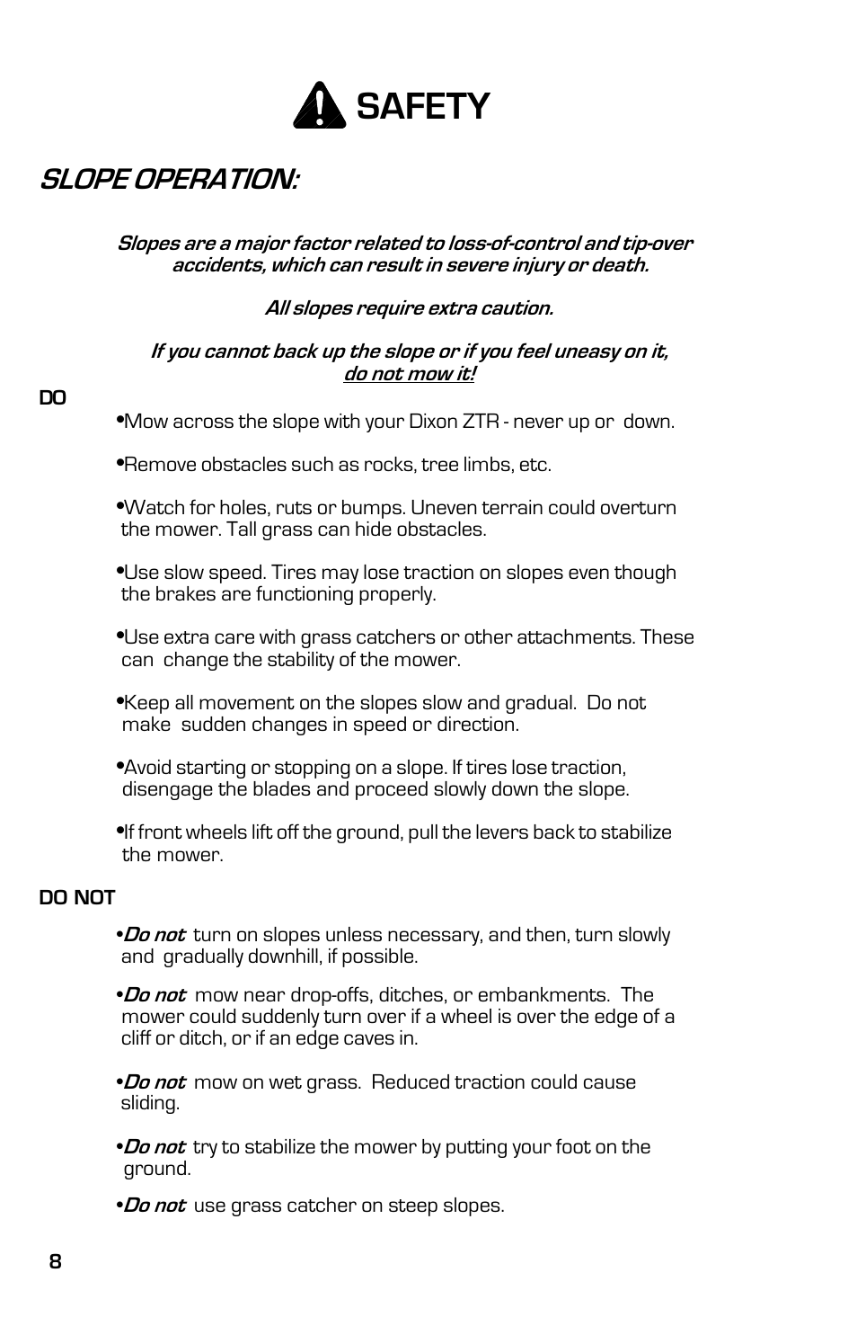 Safety, Slope operation | Dixon 13632-0702 User Manual | Page 8 / 44