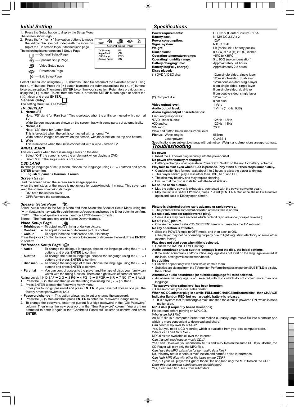 Troubleshooting, Initial setting, Specifications | Curtis DVD8039B User Manual | Page 4 / 5