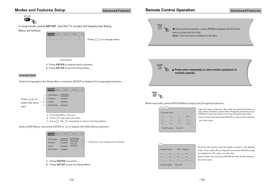 Remote control operation, Modes and features setup, Advanced features | Curtis DVD8078 User Manual | Page 11 / 15