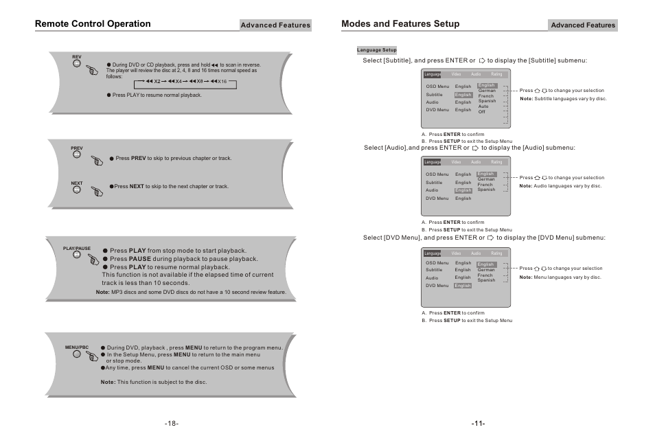 Remote control operation, Modes and features setup | Curtis DVD8078 User Manual | Page 12 / 15