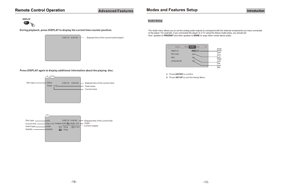 Remote control operation, Modes and features setup, Advanced features | Introduction | Curtis DVD8078 User Manual | Page 14 / 15