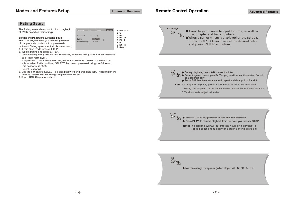 Remote control operation, Modes and features setup, Rating setup | Curtis DVD8078 User Manual | Page 15 / 15