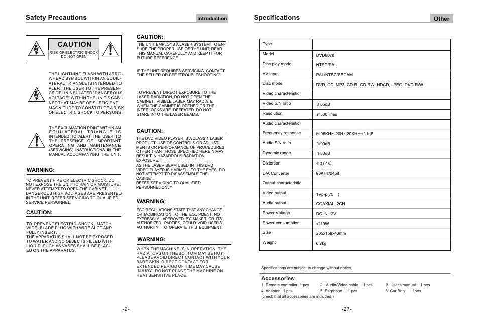Caution, Safety precautions, Specifications | Curtis DVD8078 User Manual | Page 3 / 15