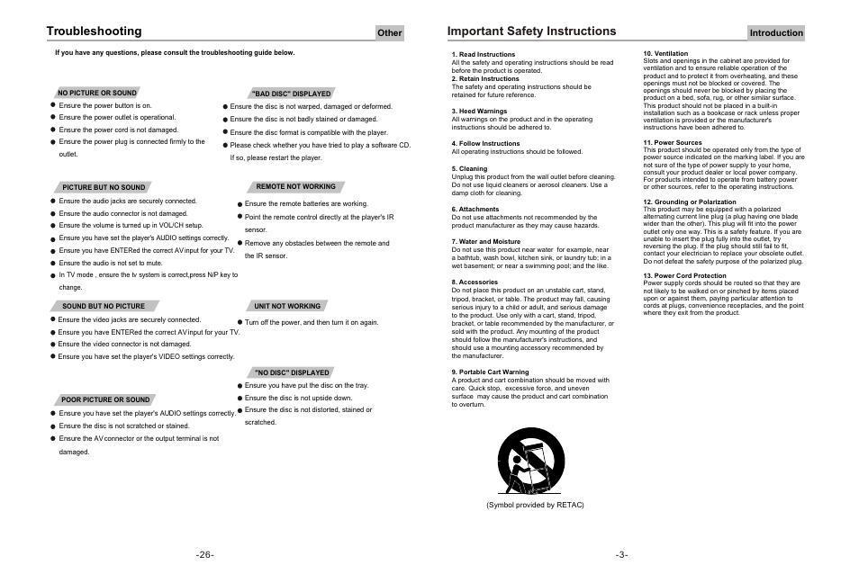 Important safety instructions, Troubleshooting | Curtis DVD8078 User Manual | Page 4 / 15