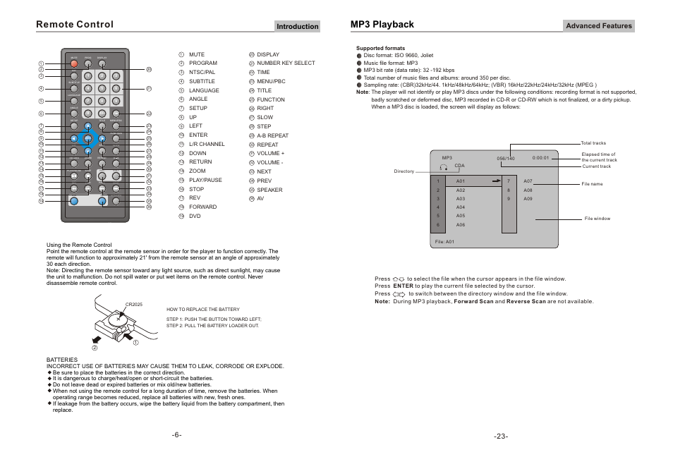Remote control, Mp3 playback, Introduction -6 | Advanced features | Curtis DVD8078 User Manual | Page 7 / 15