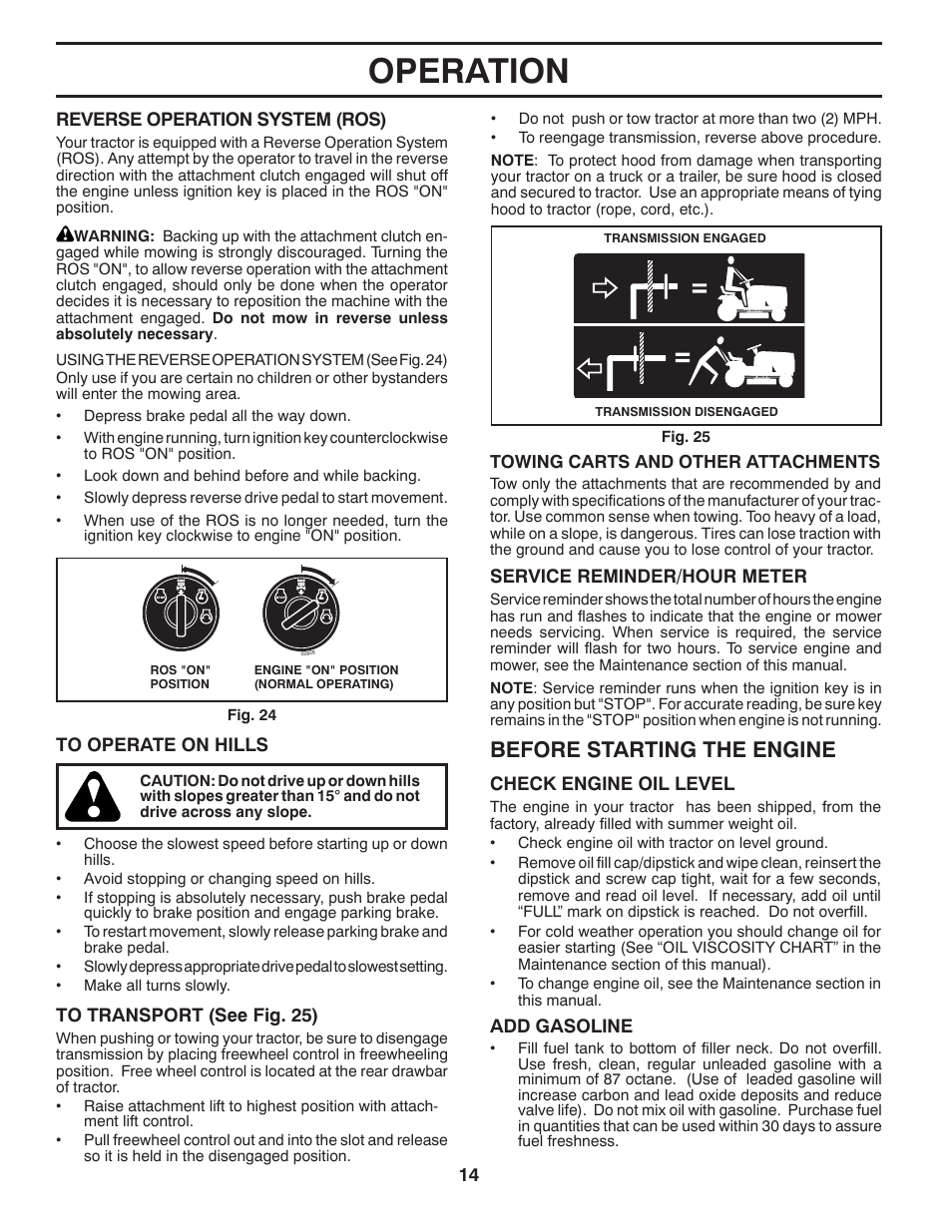 Operation, Before starting the engine | Dixon D25K48YT User Manual | Page 14 / 60